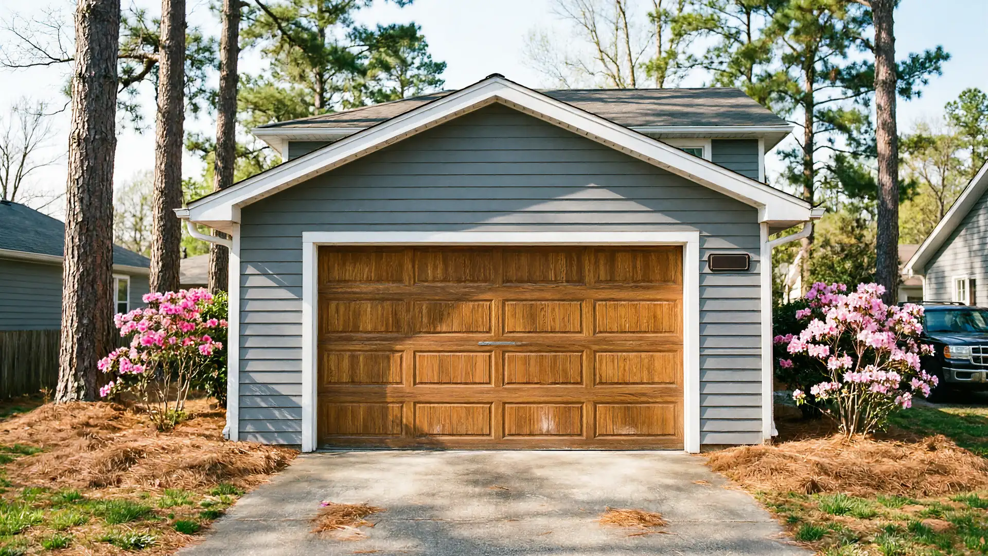 The house has a brown garage door and gray siding, with pink bushes on each side.