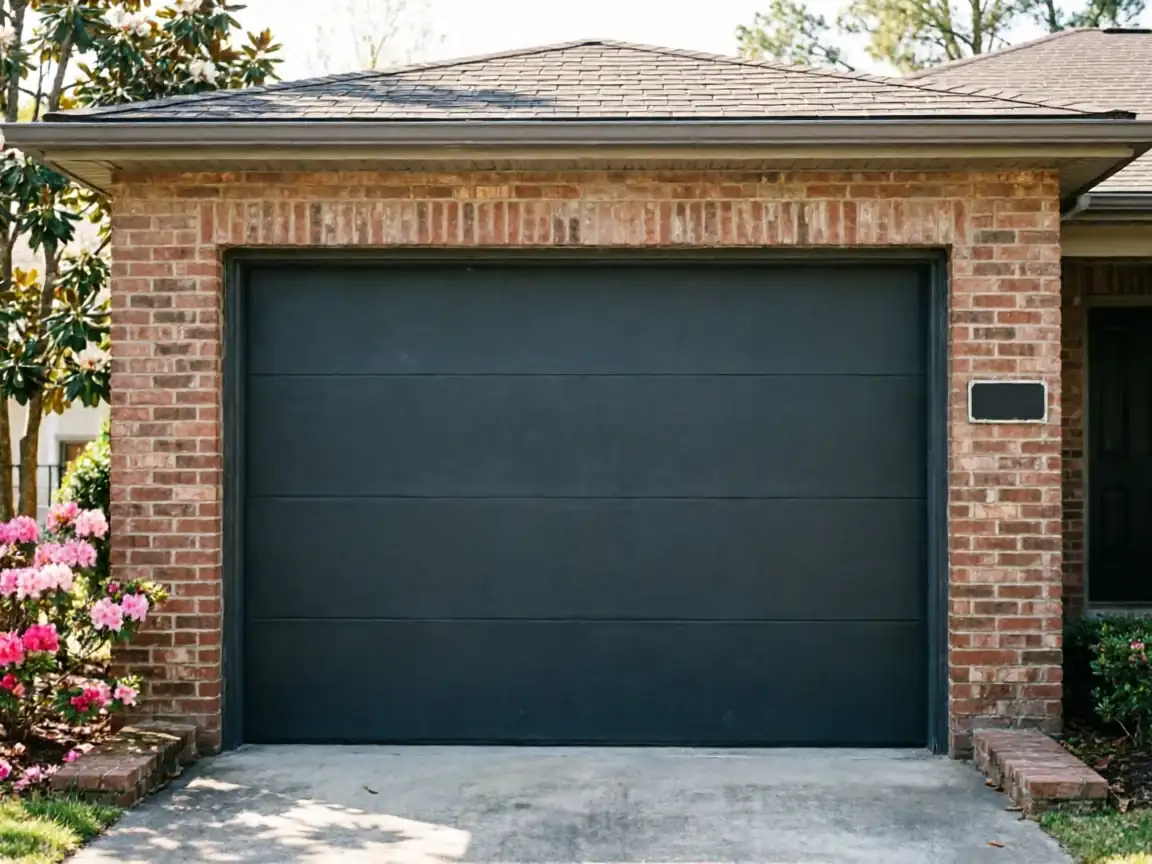 A dark gray garage door is set into a brick house with a brown roof.